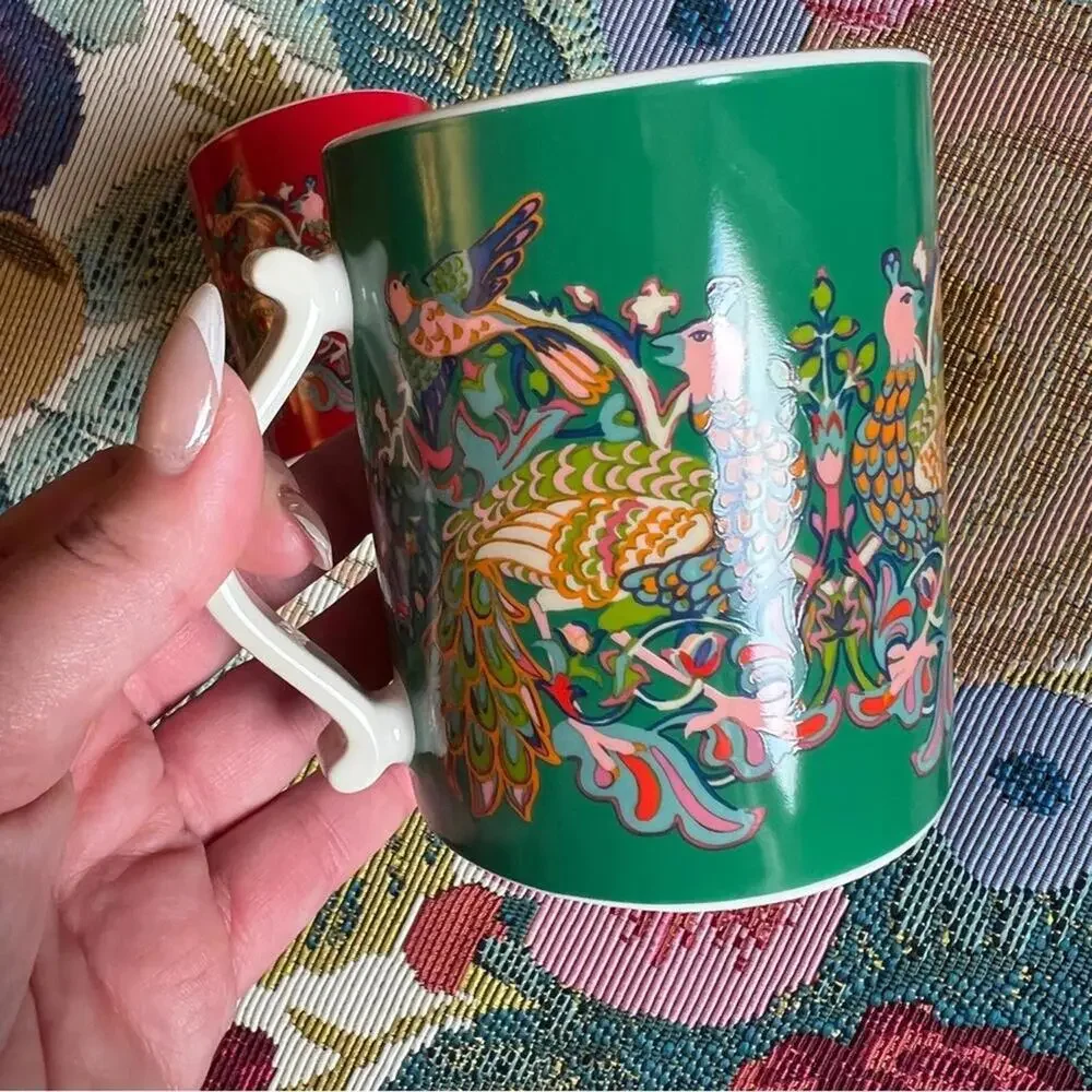 2 WILLIAM MORRIS Coffee Mugs Peacock Floral Cups Red Green Pink Bird Ornate